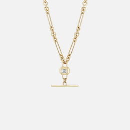 Gold Emerald-Cut Diamond Faux Toggle Large Paperclip and Rolo Chain Lariat Necklace