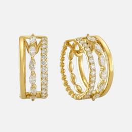 Gold and Diamond Open 3-Row Pattern Earrings