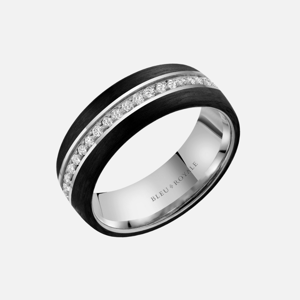 14k White gold and black carbon men's wedding band with diamonds