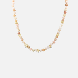 14k Gold and Faceted Pink Opal Rondelle Bead Necklace with Diamonds