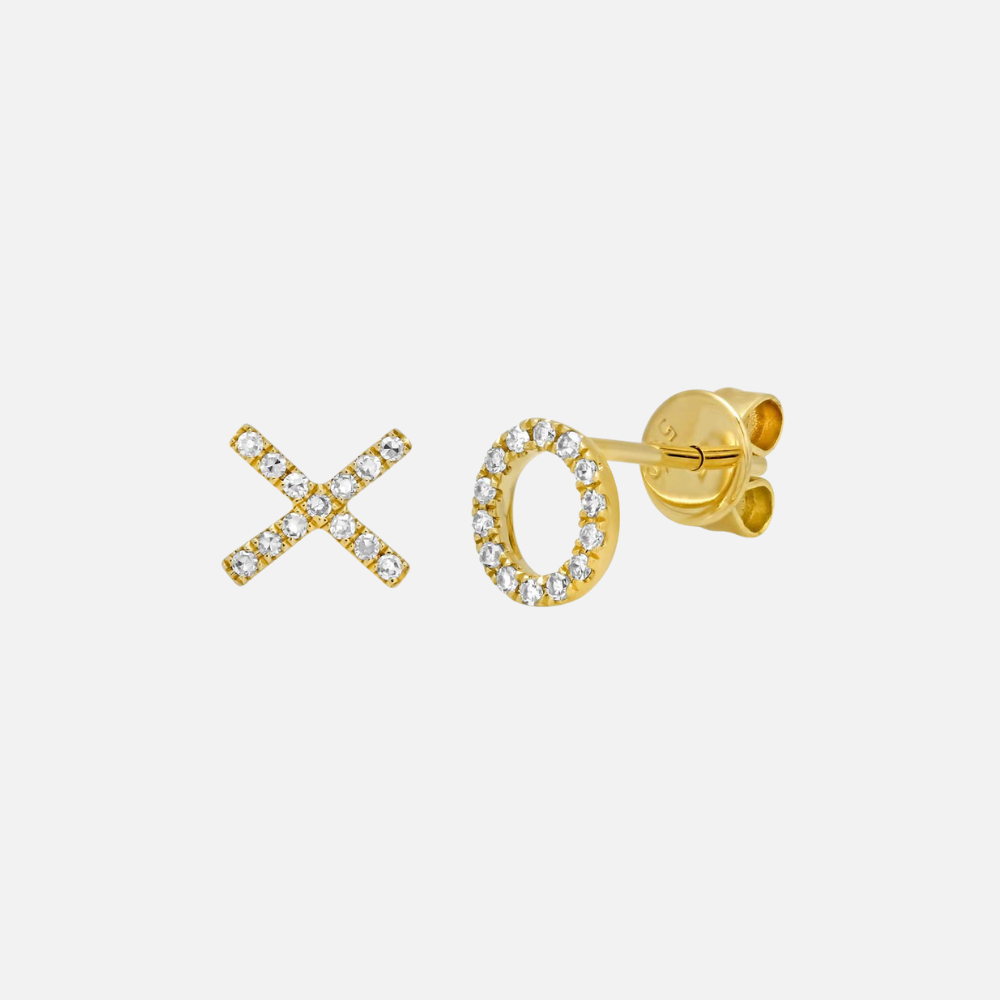 These diamond stud earrings are in X and O shapes, covered in 27 round natural diamonds.