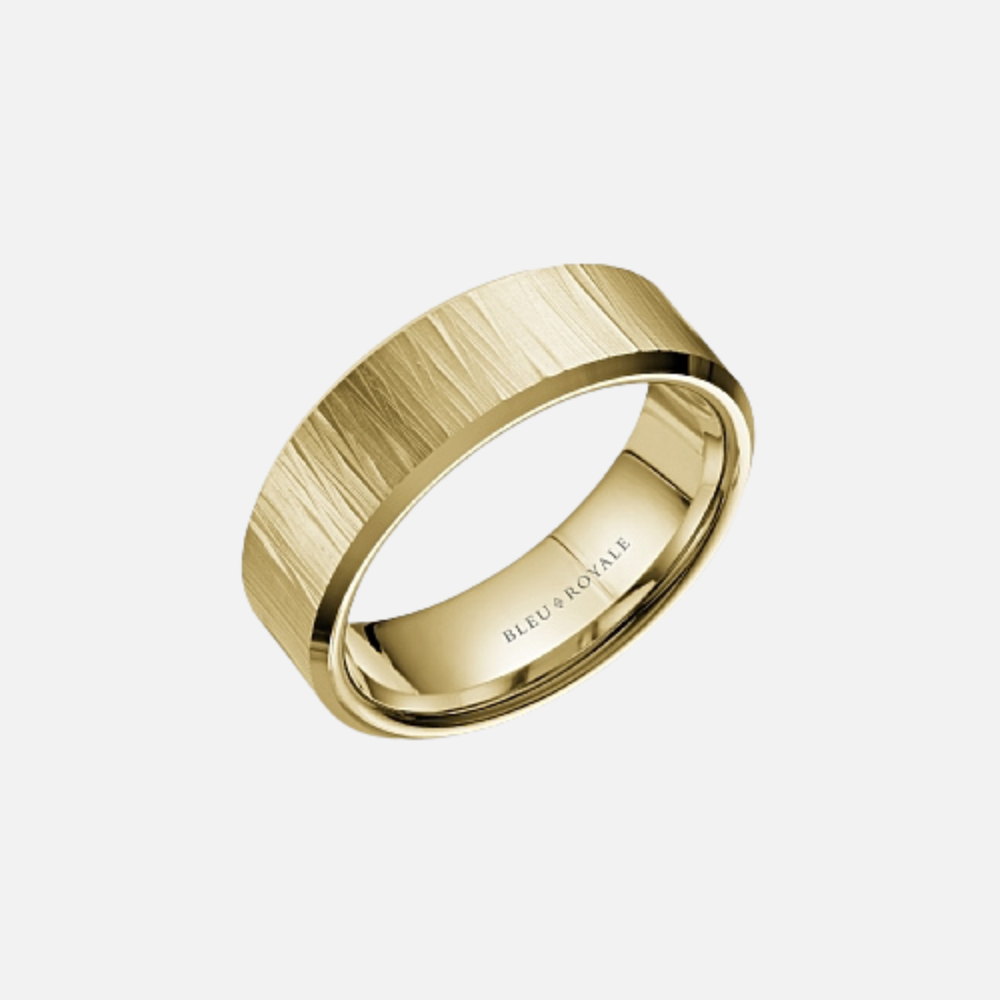 14K Yellow Gold Bark Finish Band with High Polish Edges