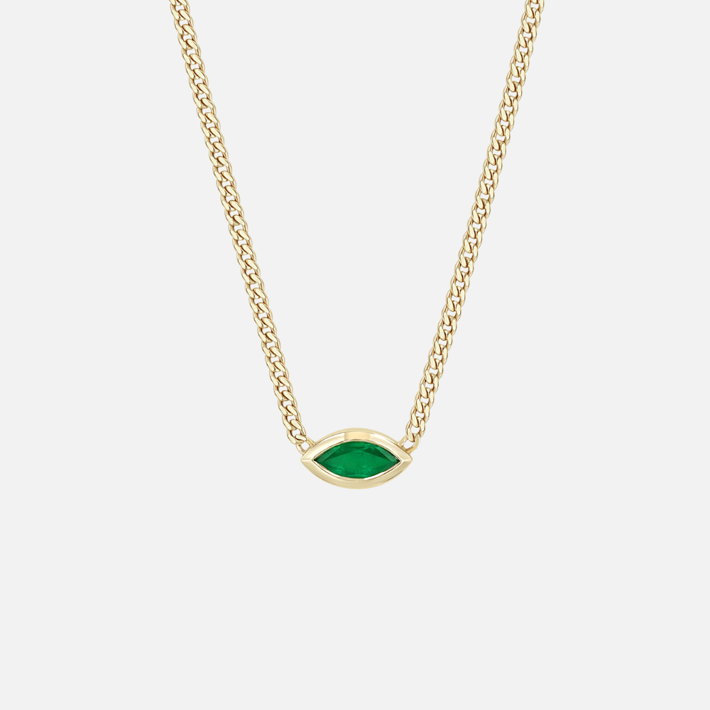 Zoe Chicco Gold Bezel-Set Marquise-Shape Emerald Curb Link Necklace