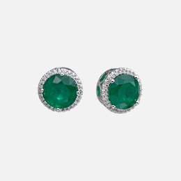 Round Emerald and Diamond Halo Stud Earrings