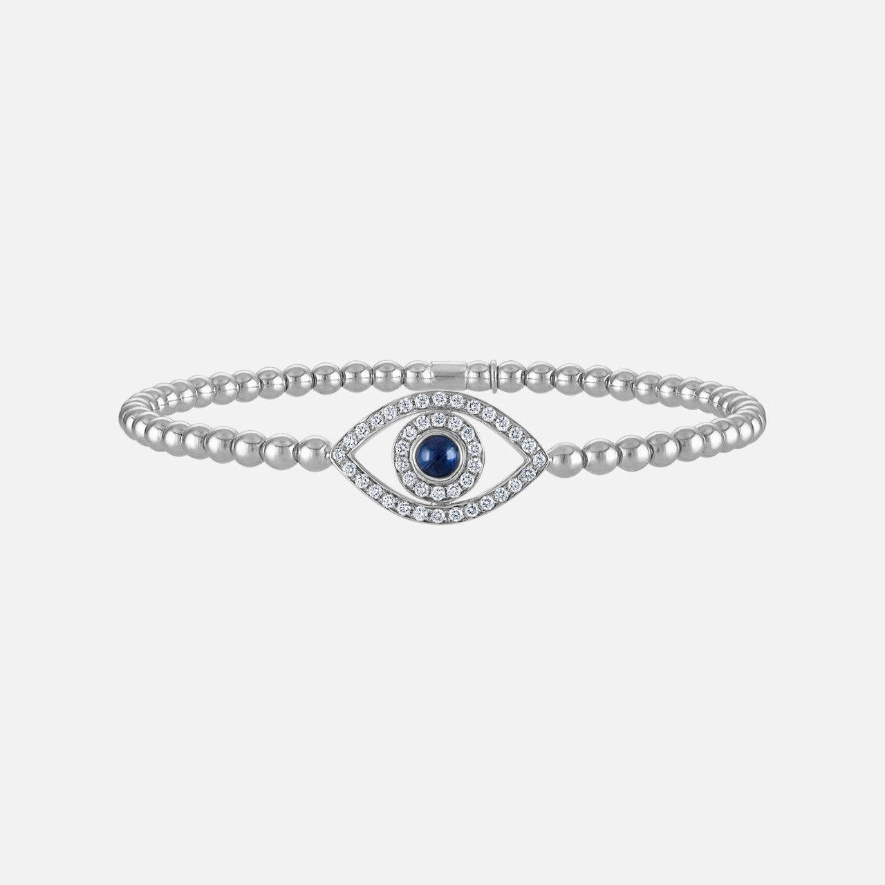 beaded stretch bracelet with an evil eye devil. the evil eye has a blue sapphire center and diamonds in the outline of the eye