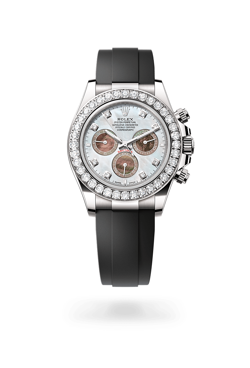 Rolex Cosmograph Daytona in White Gold and White and Black mother-of-Pearl set with Diamonds Dial, M126589rbr-0001| Razny Jewelers
