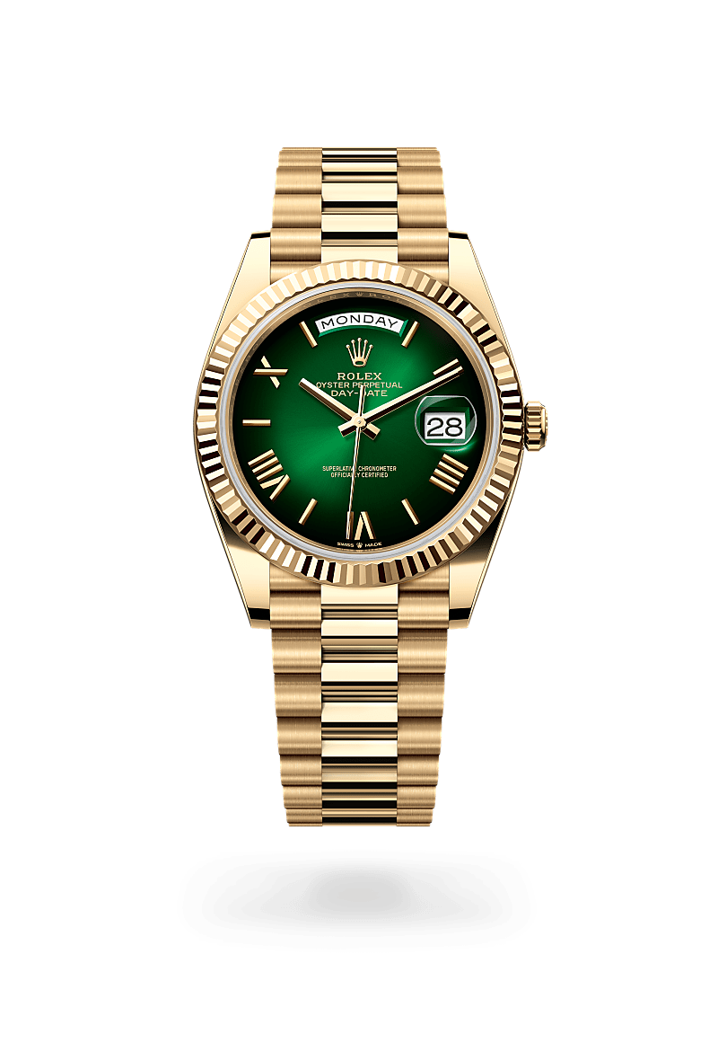 Rolex Day-Date 40 in Yellow Gold and Green ombrÌ© Dial, M228238-0069 Razny Jewelers
