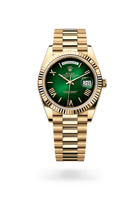Rolex Day-Date 40 in Yellow Gold and Green ombrÌ© Dial, M228238-0069 Razny Jewelers
