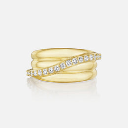 Wide Bold Gold Crossover Diamond Ring